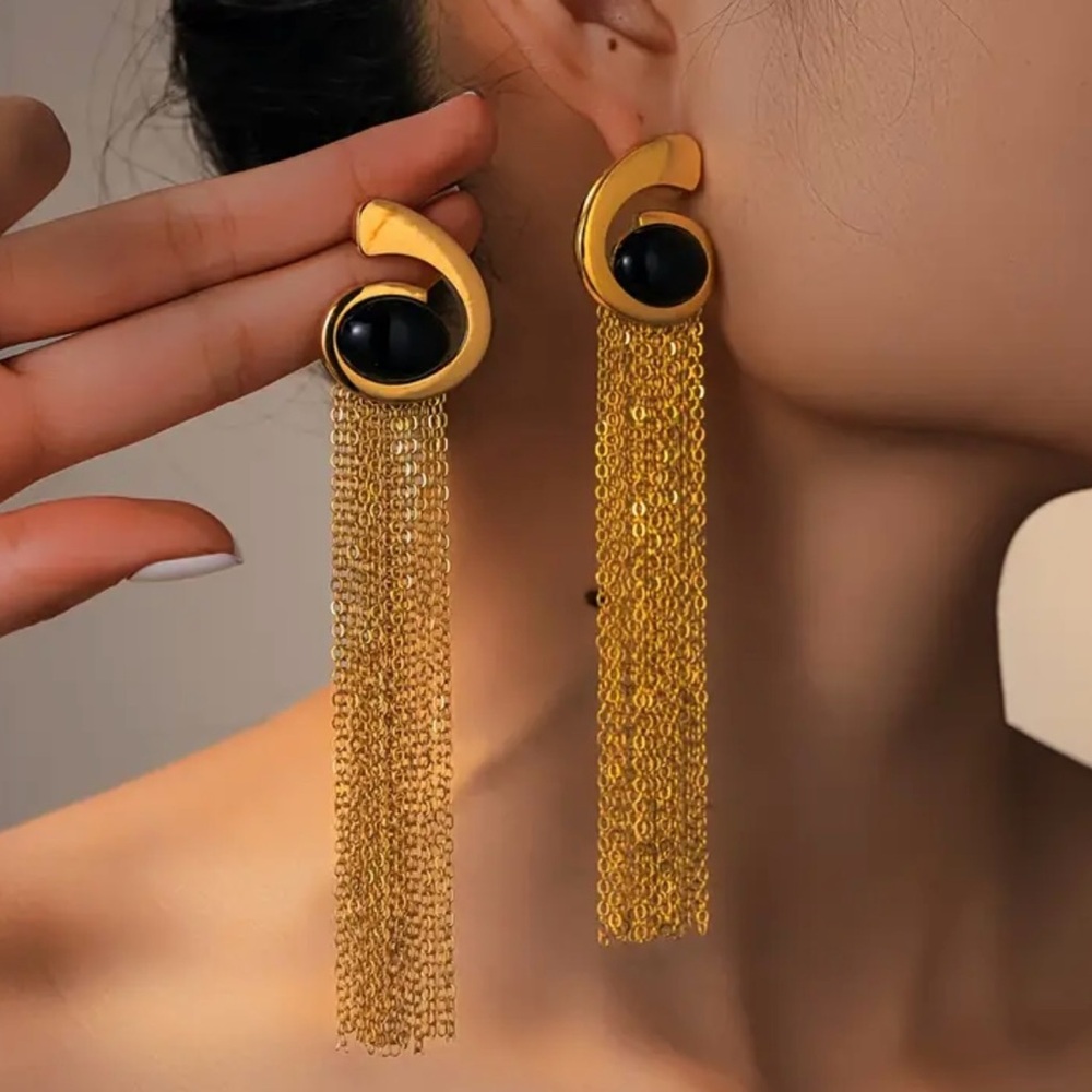 Elegant Gold and Black Tassel Earrings